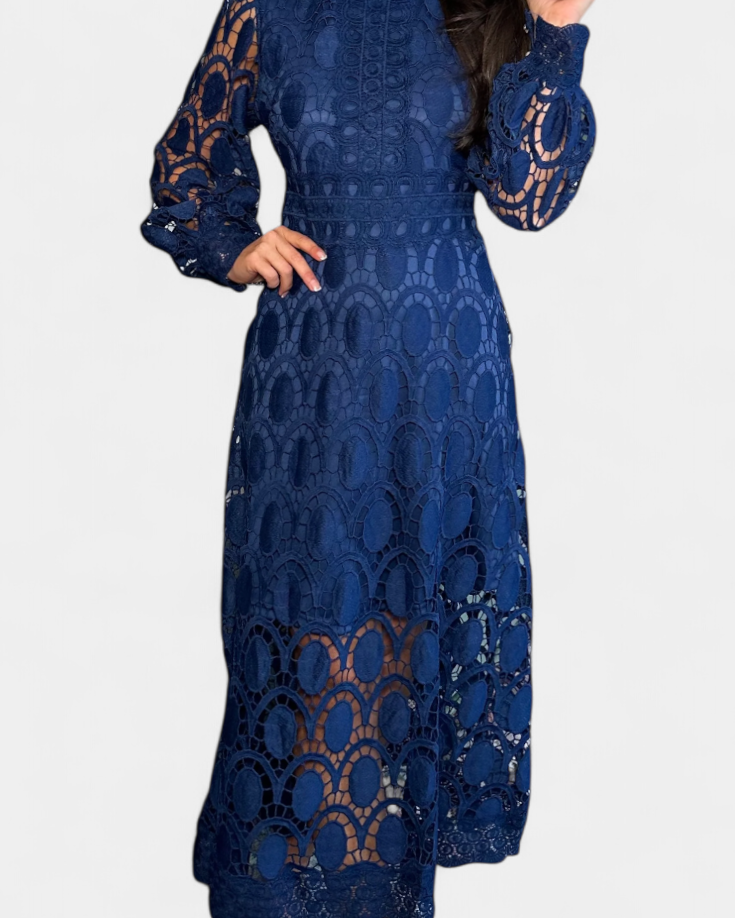 Jovie Vestido Midi de Encaje Bordado con Cuello Alto