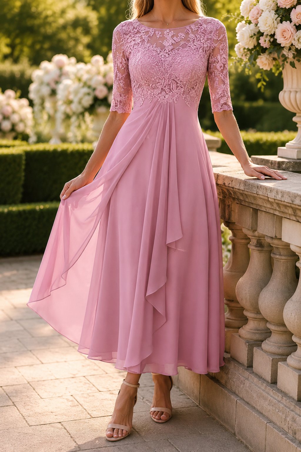 Vestido Elegante de Encaje con Falda Acampanada para Mujeres