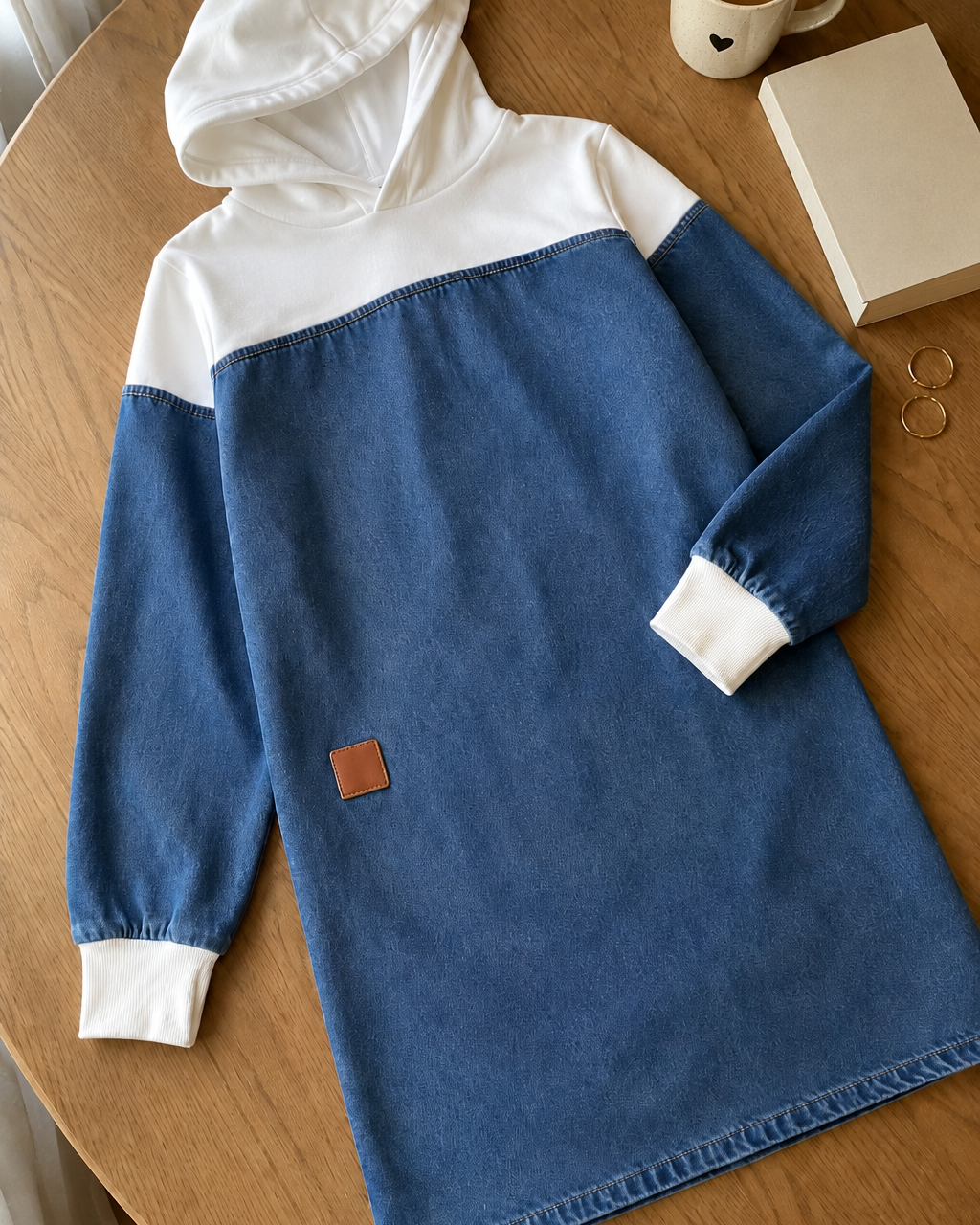 Vestido de mezclilla patchwork con capucha y hombros caídos