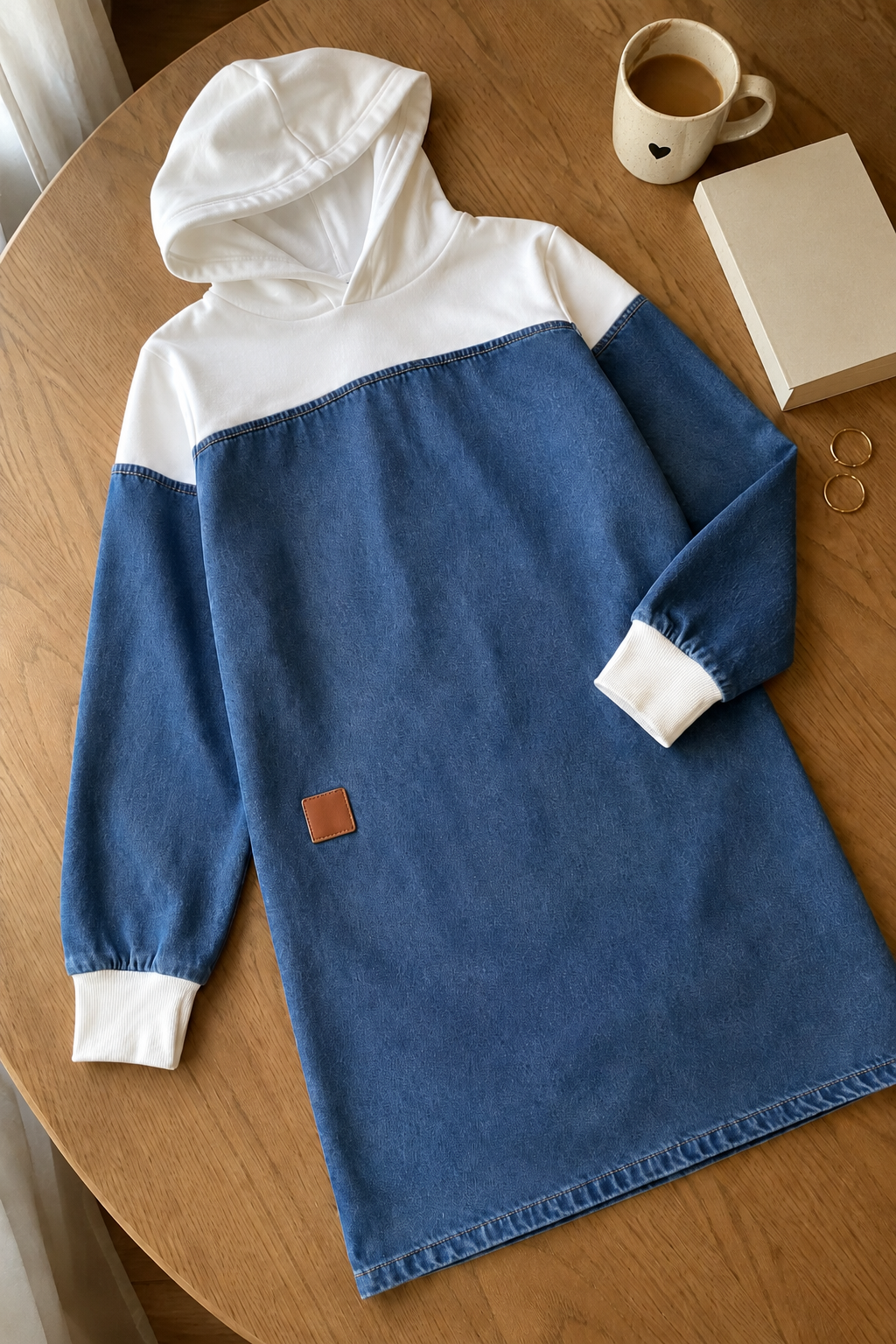 Vestido de mezclilla patchwork con capucha y hombros caídos