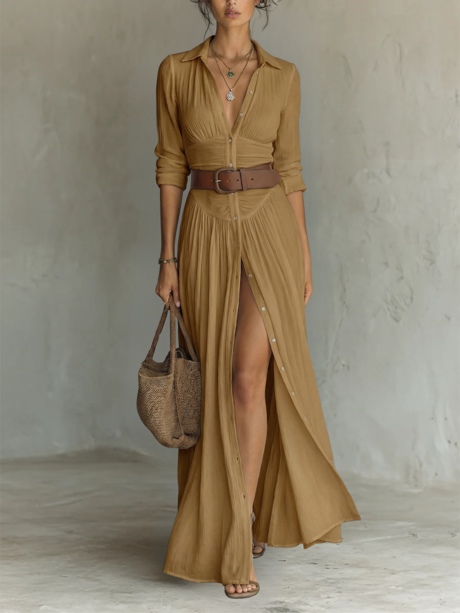 Vestido Maxi Largo con Cuello Notch y Mangas Largas para Mujeres