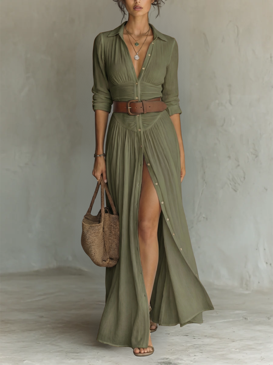 Vestido Maxi Largo con Cuello Notch y Mangas Largas para Mujeres