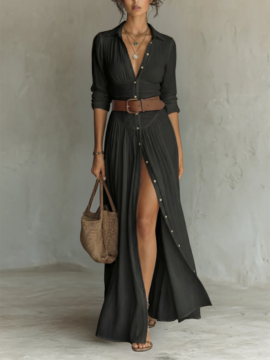 Vestido Maxi Largo con Cuello Notch y Mangas Largas para Mujeres