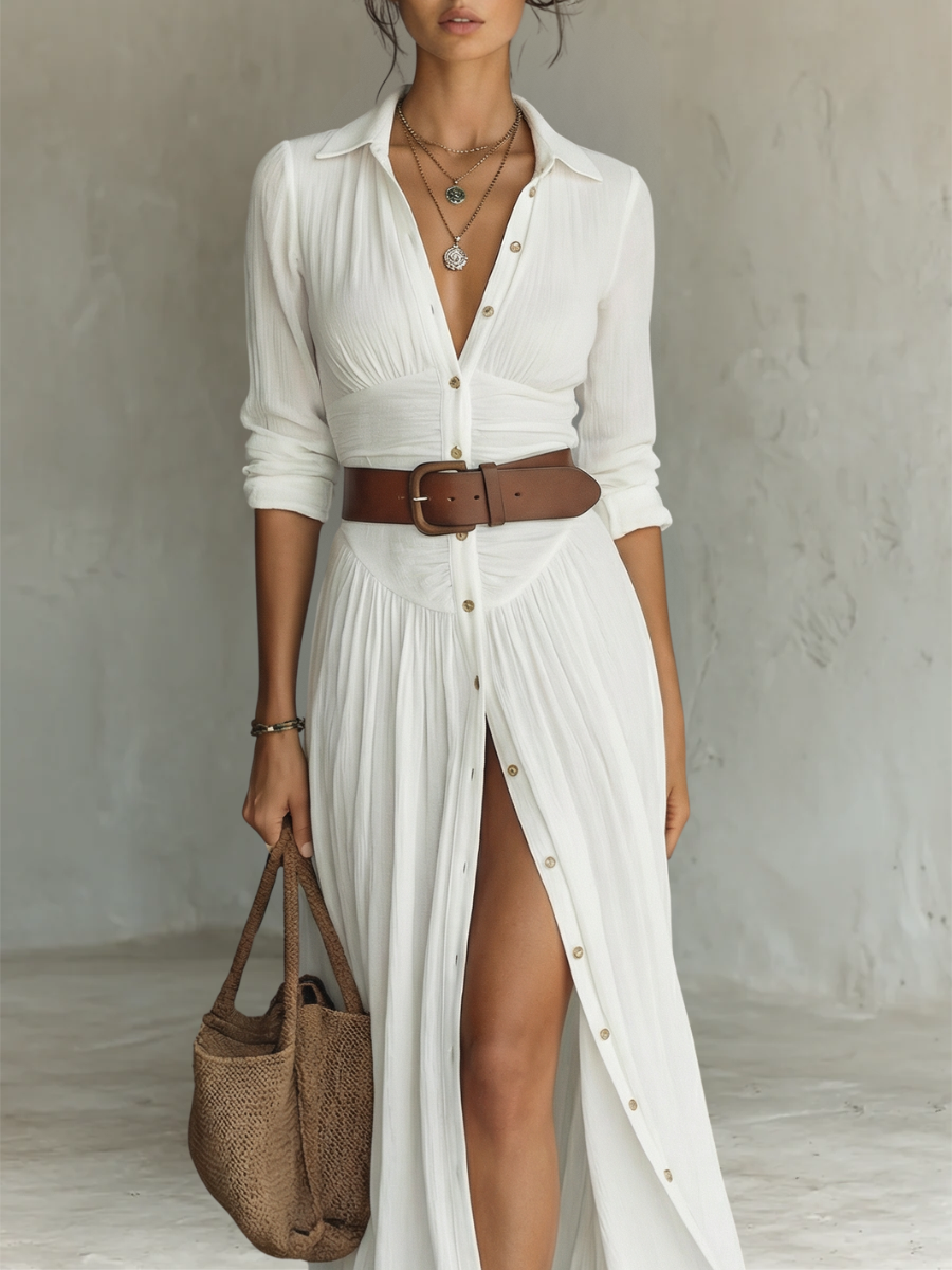 Vestido Maxi Largo con Cuello Notch y Mangas Largas para Mujeres