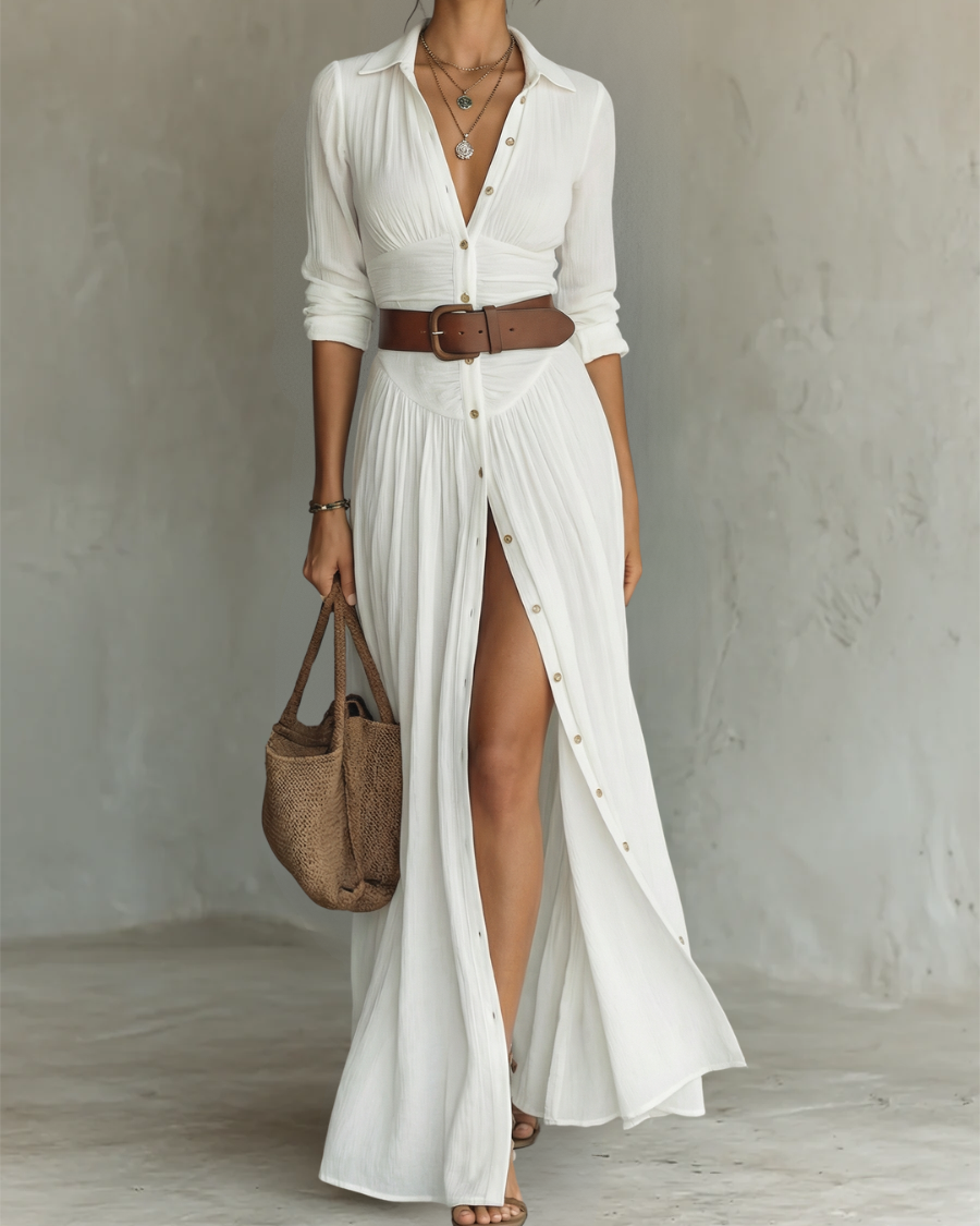 Vestido Maxi Largo con Cuello Notch y Mangas Largas para Mujeres