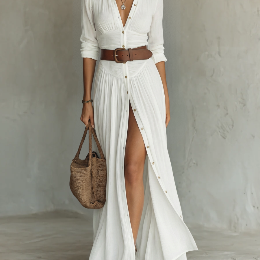 Vestido Maxi Largo con Cuello Notch y Mangas Largas para Mujeres