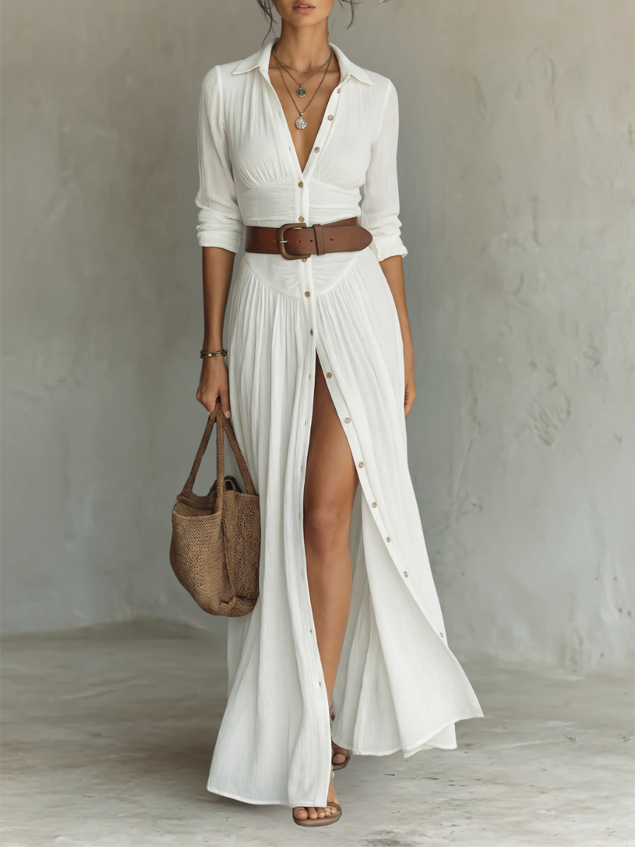 Vestido Maxi Largo con Cuello Notch y Mangas Largas para Mujeres