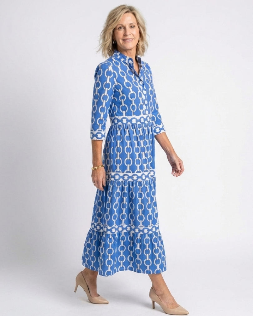 Ysolde | Vestido Midi de Manga Tres Cuartos con Patrón de Cadena