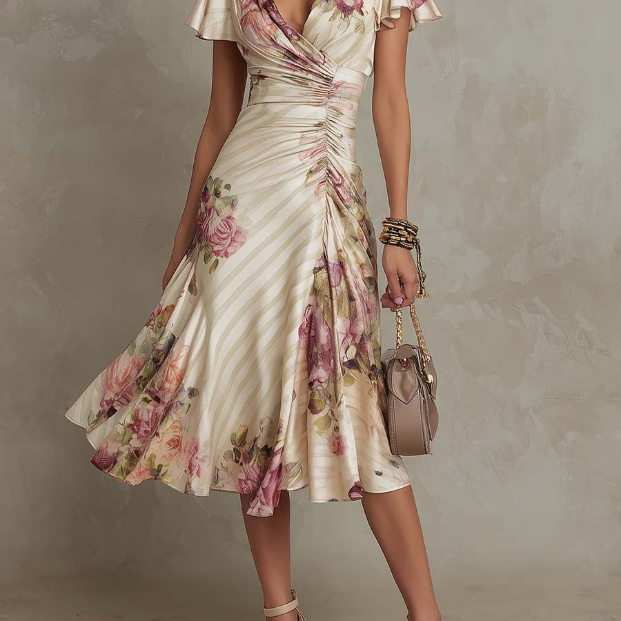 Alba | Elegante vestido midi de satén con flores retro