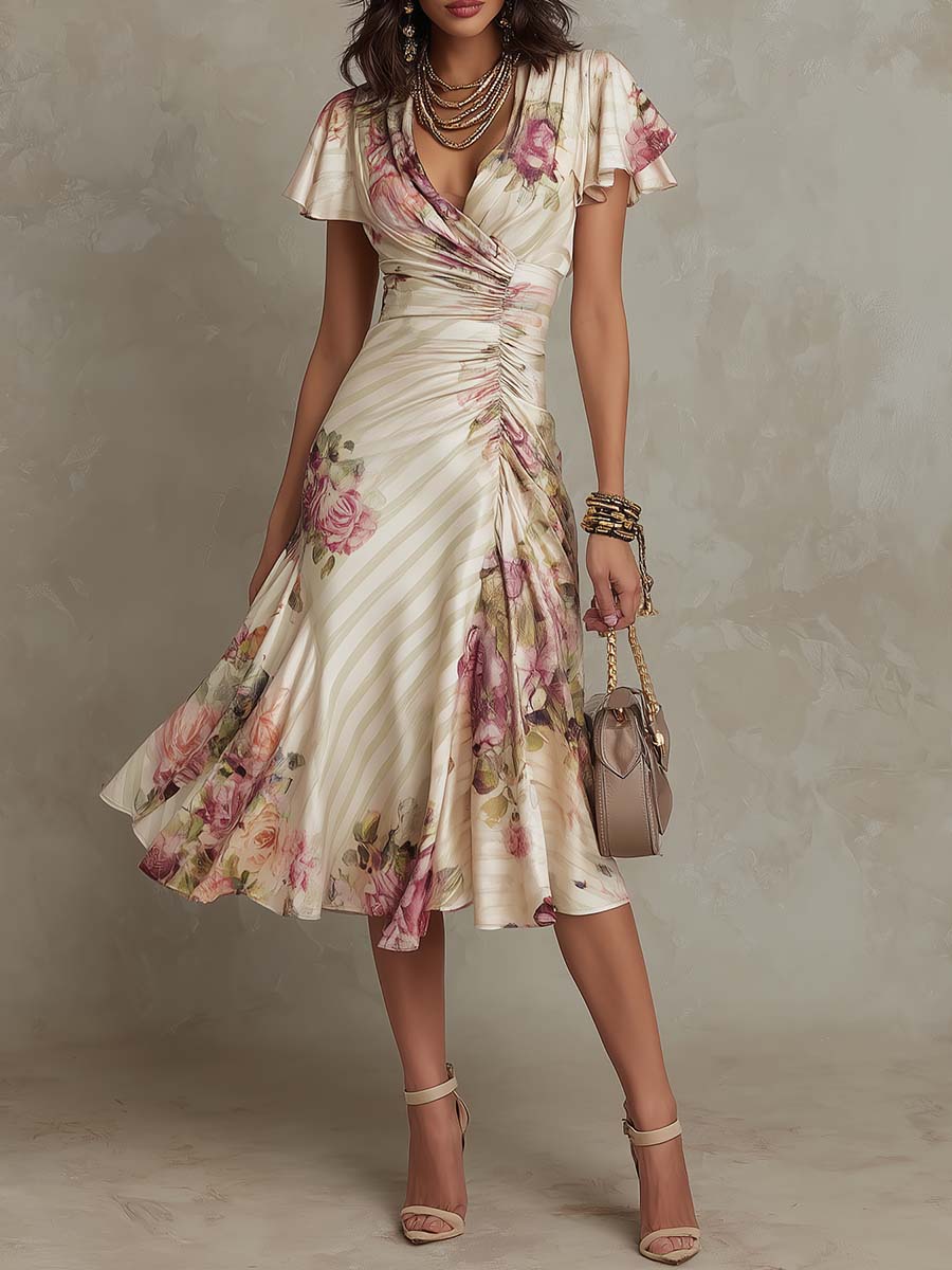 Alba | Elegante vestido midi de satén con flores retro