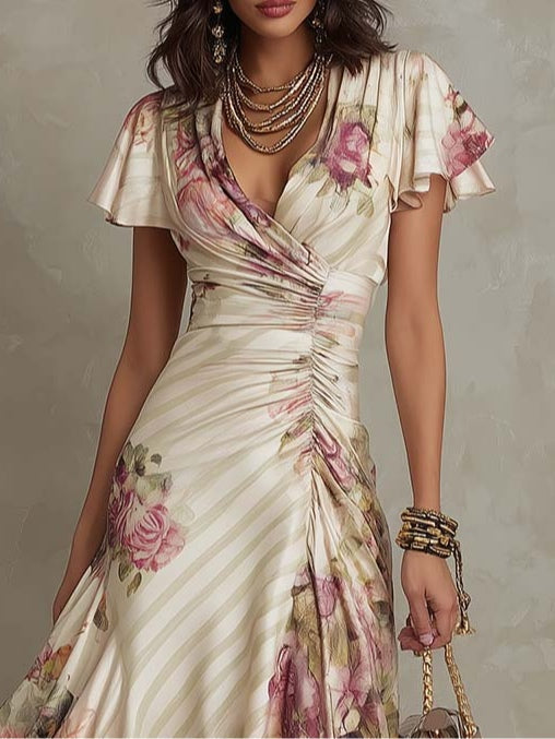 Alba | Elegante vestido midi de satén con flores retro