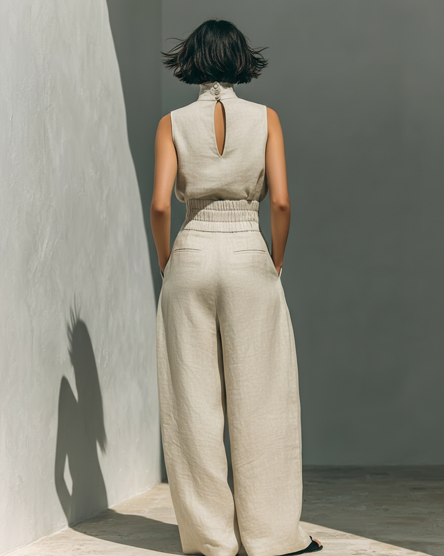 Conjunto de blusa sin mangas de algodón y lino con pantalones anchos para mujer