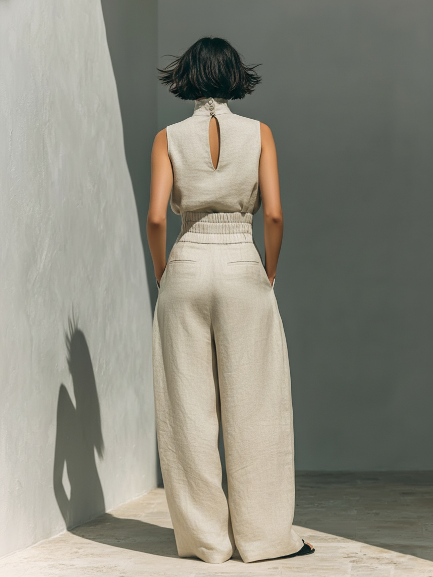 Conjunto de blusa sin mangas de algodón y lino con pantalones anchos para mujer
