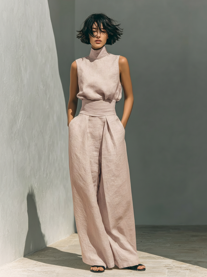 Conjunto de blusa sin mangas de algodón y lino con pantalones anchos para mujer