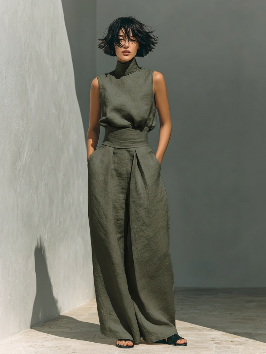 Conjunto de blusa sin mangas de algodón y lino con pantalones anchos para mujer