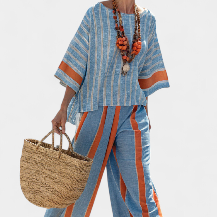 Meresa | Sofisticado top a rayas en color terracota y pantalones de lino