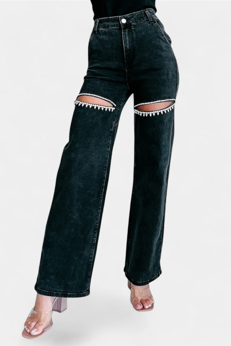 Jeans Evian Rotos de Pierna Recta con Rhinestones