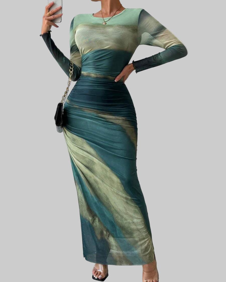 Natalia | Vestido Maxi Bodycon de Manga Larga Impreso y Cómodo