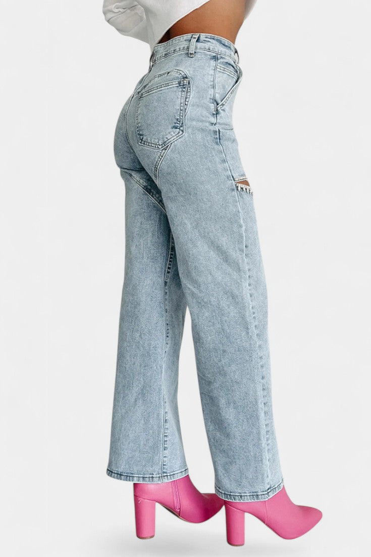 Jeans Evian Rotos de Pierna Recta con Rhinestones
