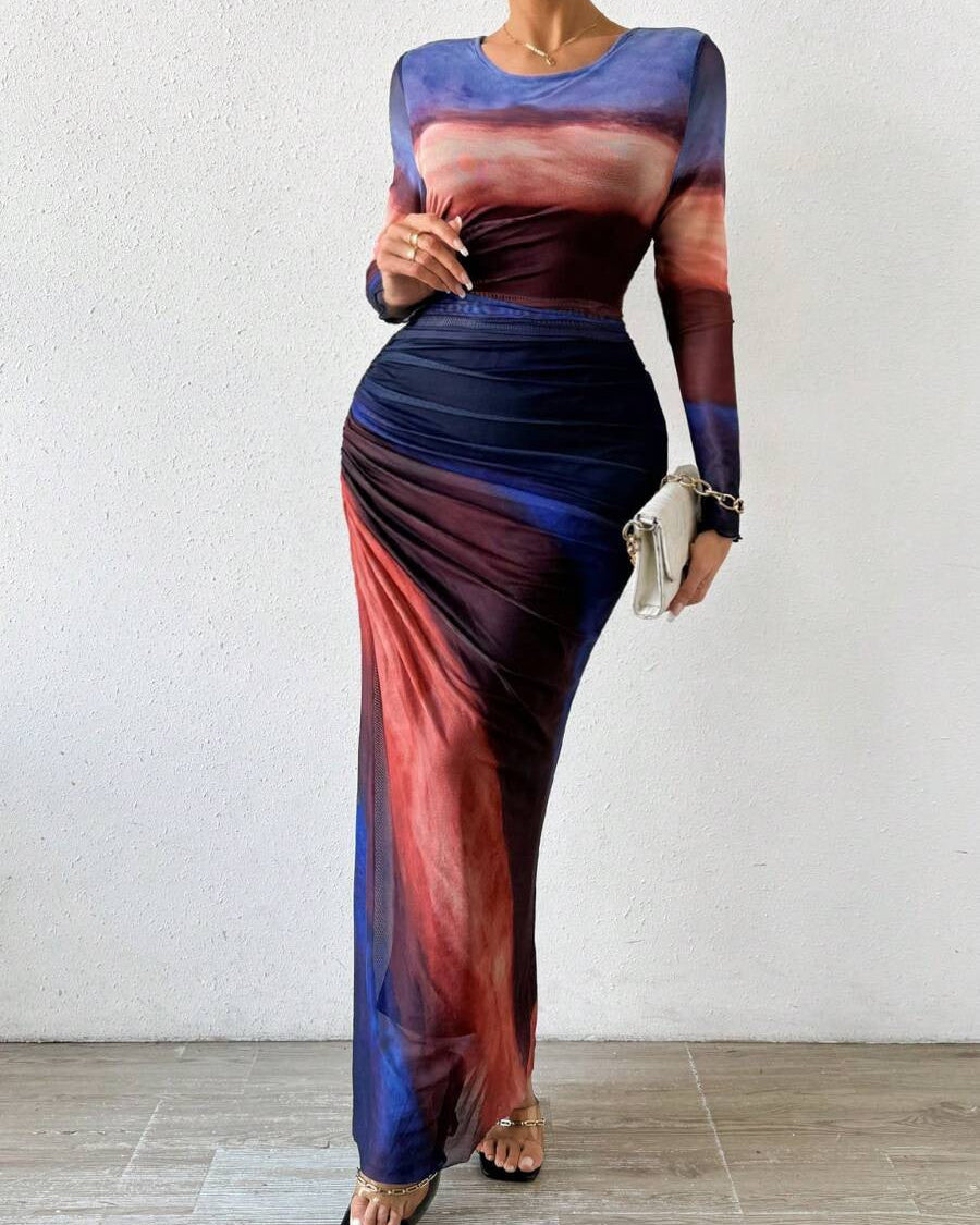 Natalia | Vestido Maxi Bodycon de Manga Larga Impreso y Cómodo