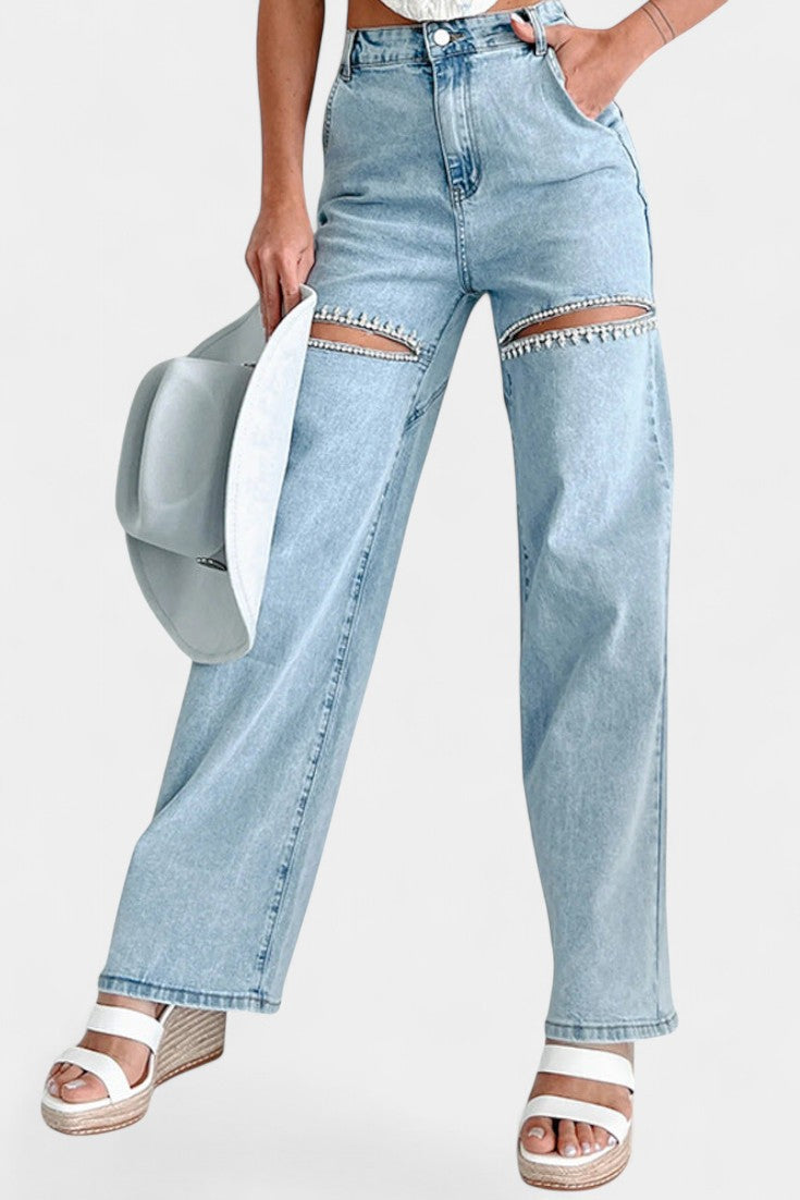 Jeans Evian Rotos de Pierna Recta con Rhinestones