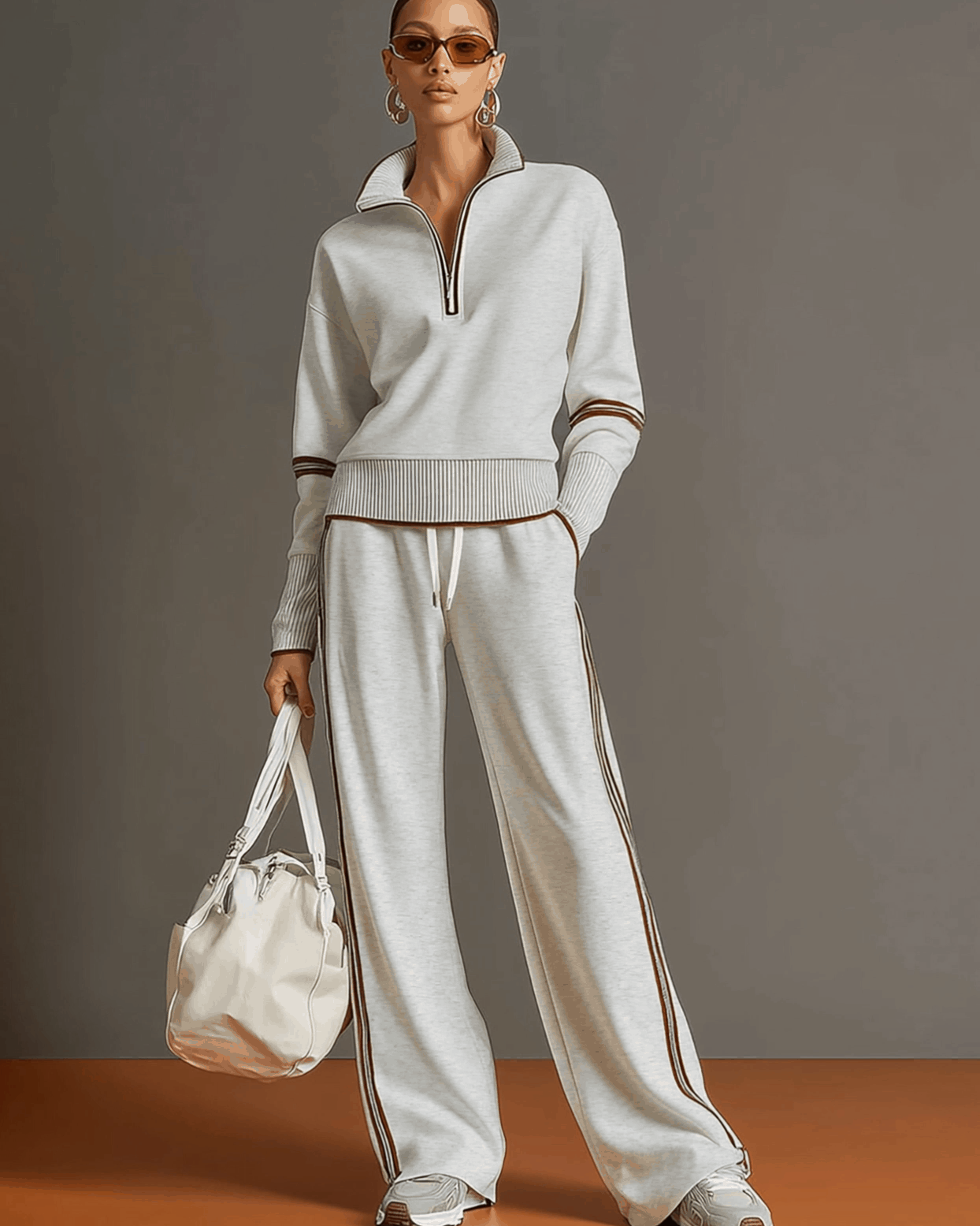 Sudadera gris y blanca de media cremallera con estilo vintage, acompañada de pantalones amplios