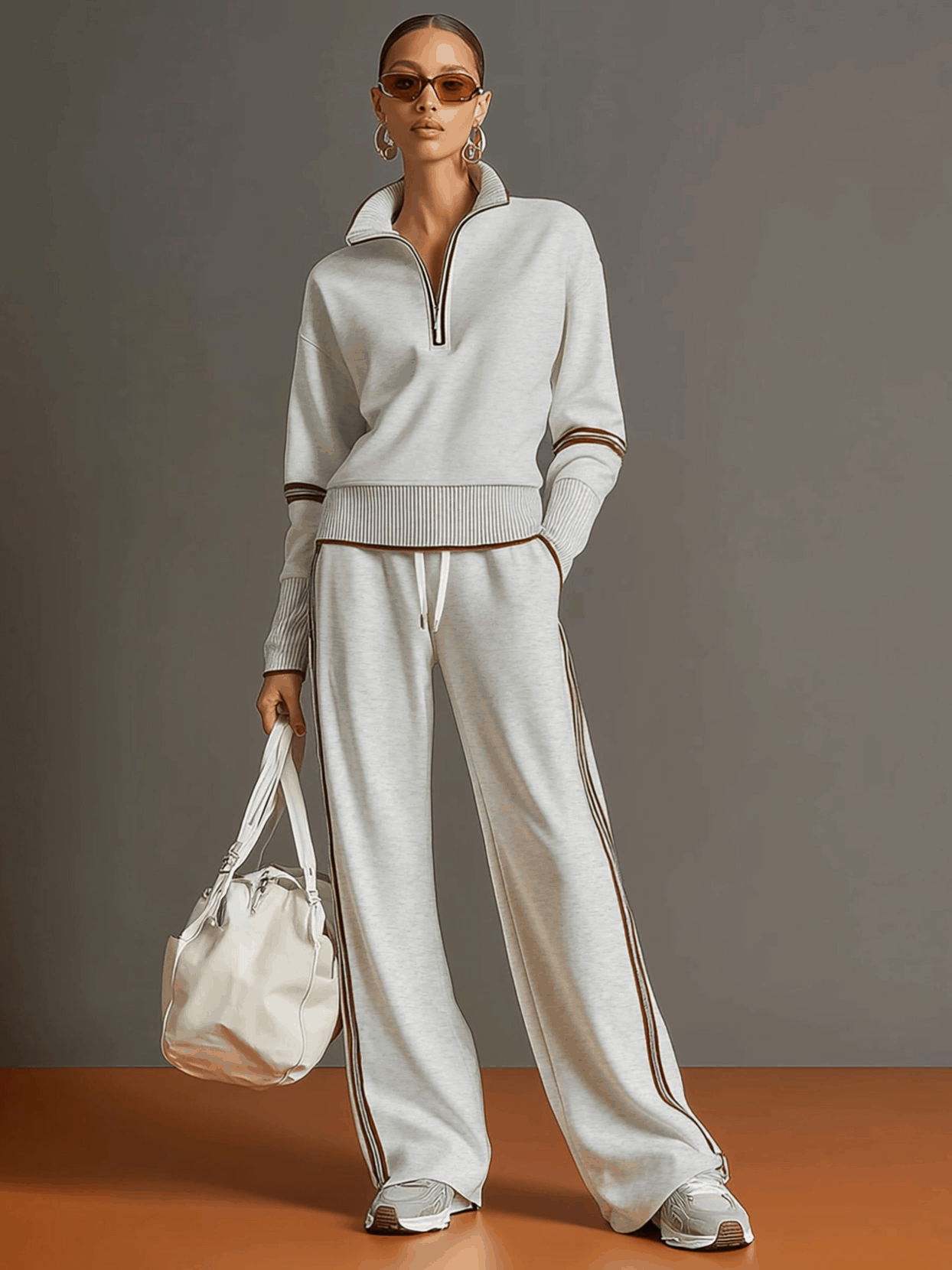 Sudadera gris y blanca de media cremallera con estilo vintage, acompañada de pantalones amplios