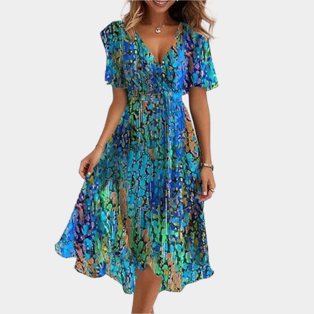 Vestido Retro Impreso con Escote Envolvente