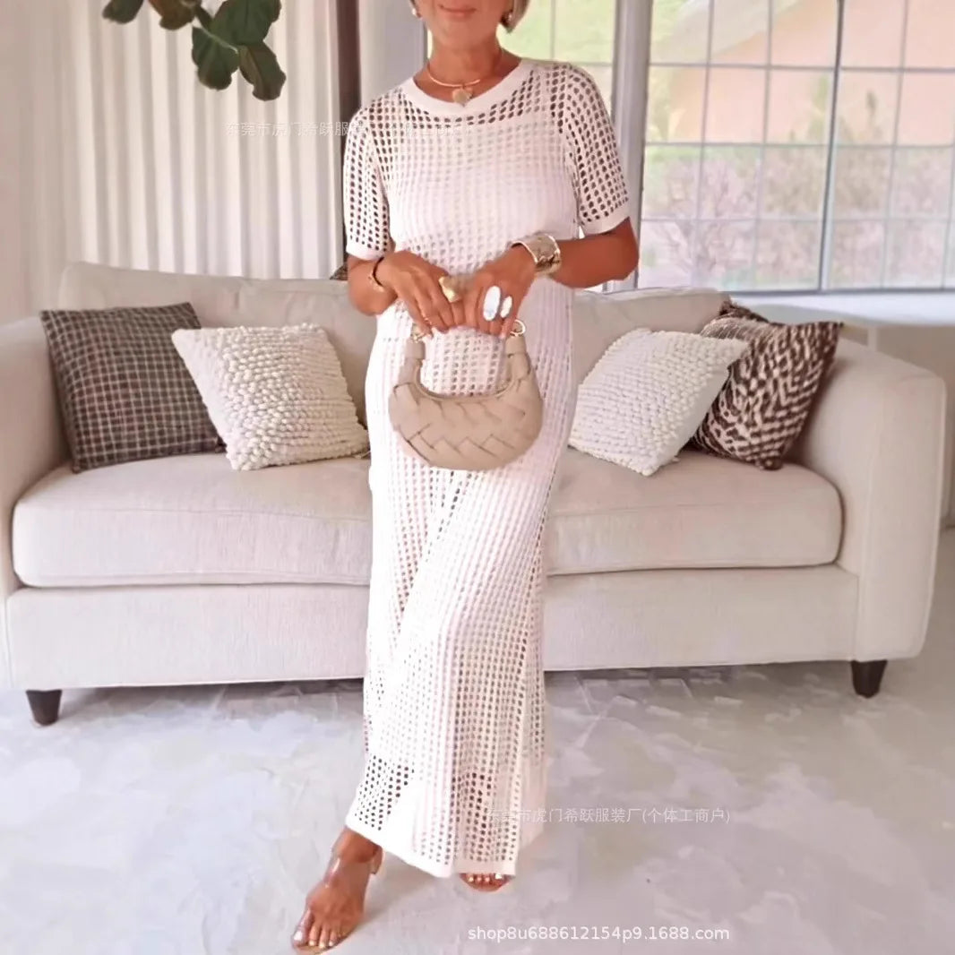 Vestido Maxi Elegante de Encaje con Manga Larga y Escote en V