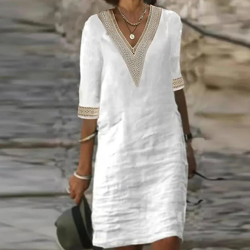 Avery - Vestido de Lino de Algodón de Color Sólido con Escote en V Elegante