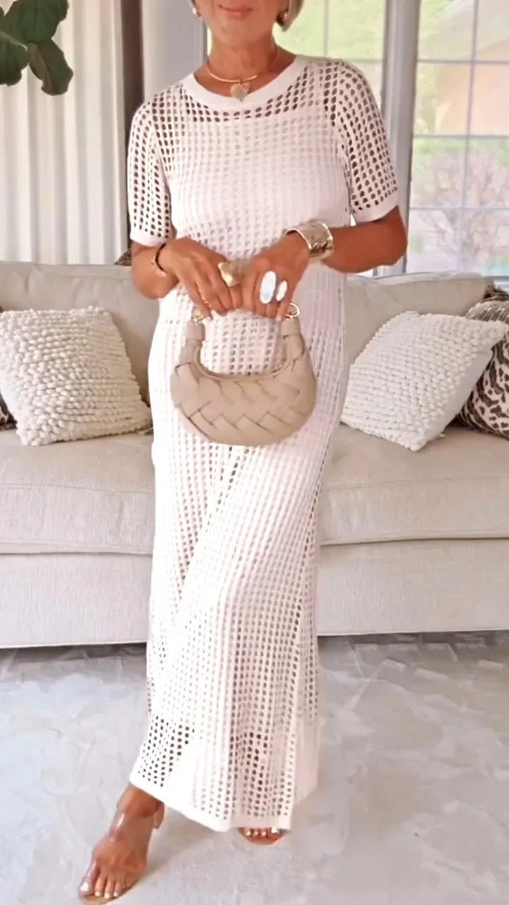 Vestido Maxi Elegante de Encaje con Manga Larga y Escote en V