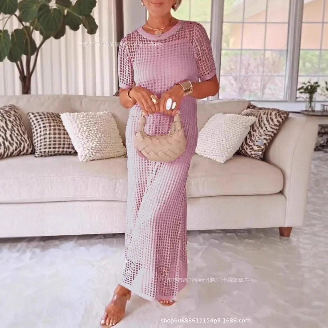 Vestido Maxi Elegante de Encaje con Manga Larga y Escote en V