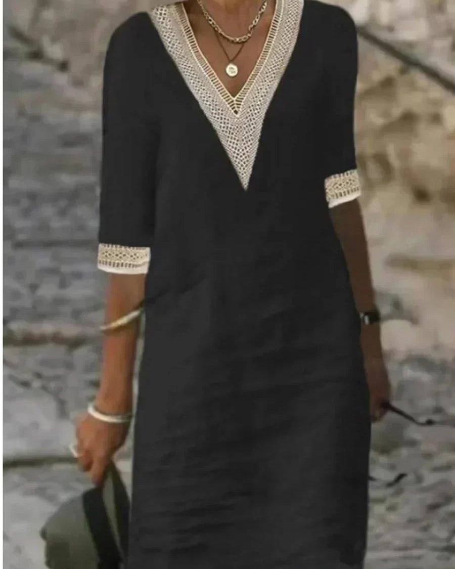 Avery - Vestido de Lino de Algodón de Color Sólido con Escote en V Elegante