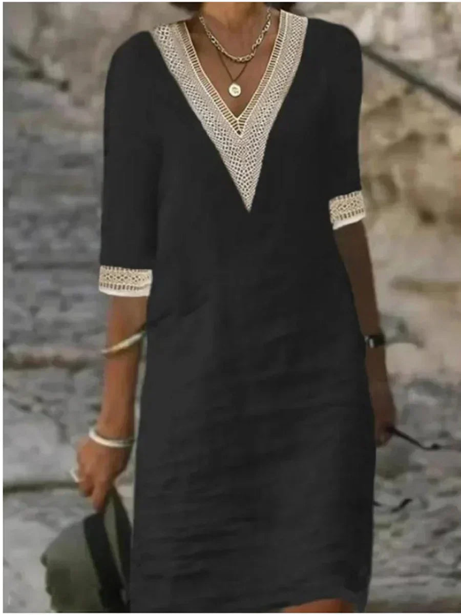 Avery - Vestido de Lino de Algodón de Color Sólido con Escote en V Elegante