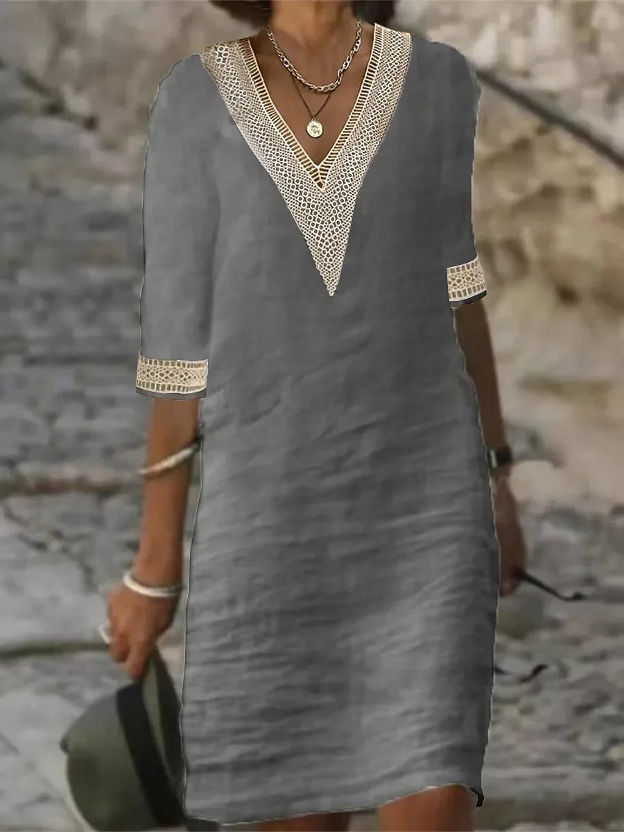 Avery - Vestido de Lino de Algodón de Color Sólido con Escote en V Elegante