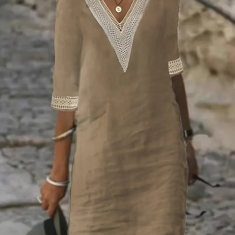 Avery - Vestido de Lino de Algodón de Color Sólido con Escote en V Elegante