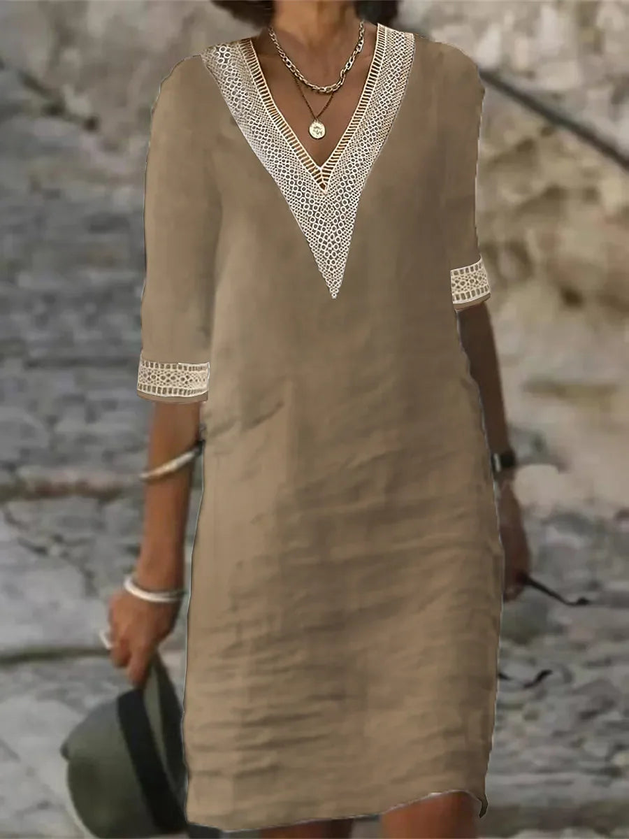 Avery - Vestido de Lino de Algodón de Color Sólido con Escote en V Elegante