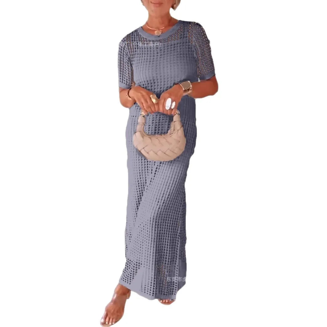 Vestido Maxi Elegante de Encaje con Manga Larga y Escote en V