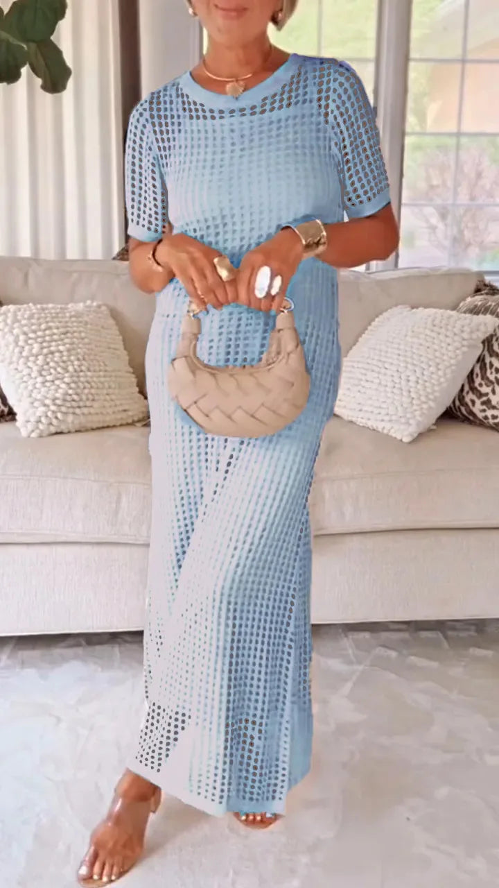Vestido Maxi Elegante de Encaje con Manga Larga y Escote en V