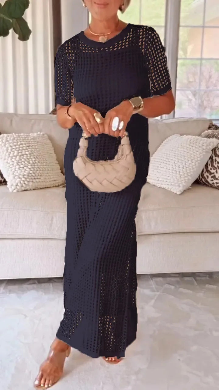 Vestido Maxi Elegante de Encaje con Manga Larga y Escote en V