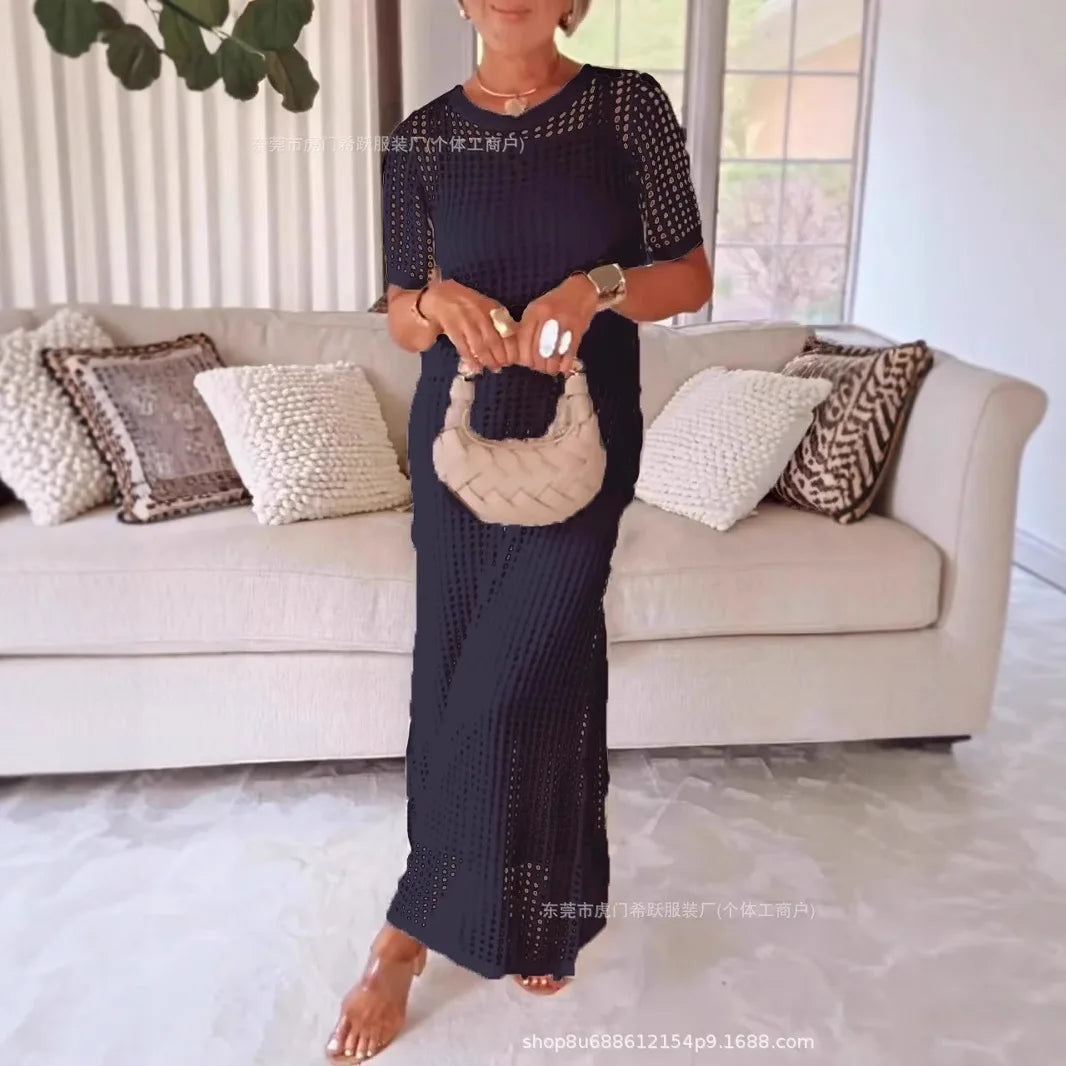 Vestido Maxi Elegante de Encaje con Manga Larga y Escote en V