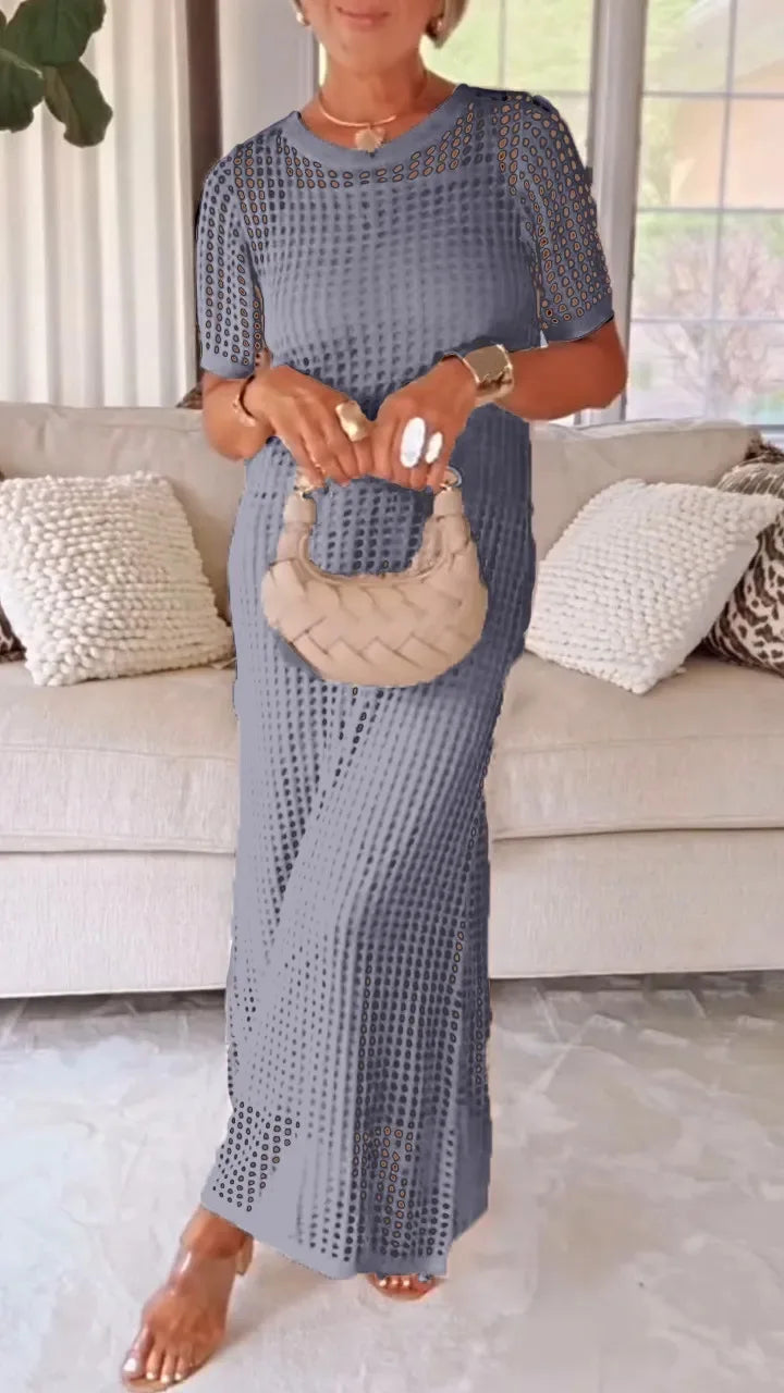 Vestido Maxi Elegante de Encaje con Manga Larga y Escote en V