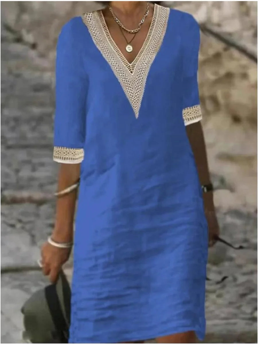 Avery - Vestido de Lino de Algodón de Color Sólido con Escote en V Elegante