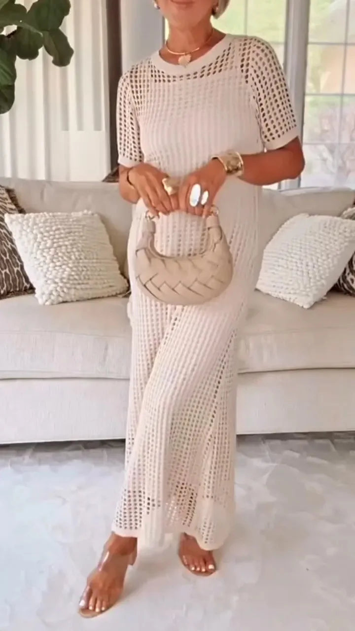 Vestido Maxi Elegante de Encaje con Manga Larga y Escote en V