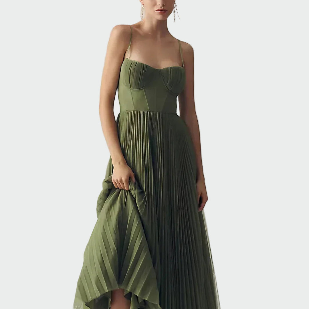 AMBER | VESTIDO DE TUL PLISADO CON DRAPEADO ASIMÉTRICO