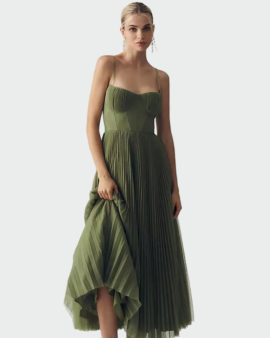 AMBER | VESTIDO DE TUL PLISADO CON DRAPEADO ASIMÉTRICO