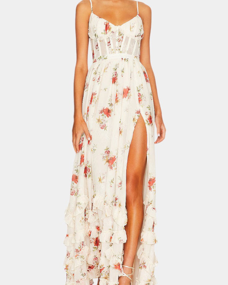 Luna Vestido Maxi con Corsé Floral y Silueta Sofisticada