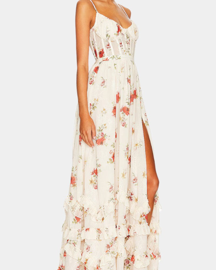 Luna Vestido Maxi con Corsé Floral y Silueta Sofisticada