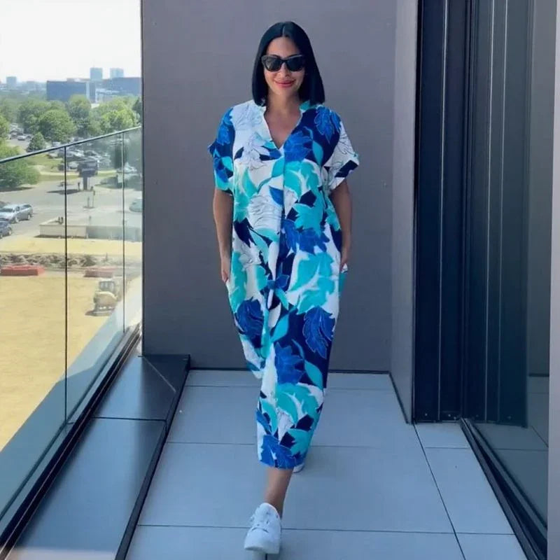 Vestido Oceania™ en Viscosa con Corte Suelto y Estampado Tropical