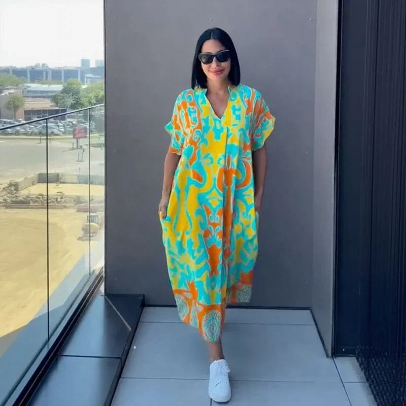 Vestido Oceania™ en Viscosa con Corte Suelto y Estampado Tropical